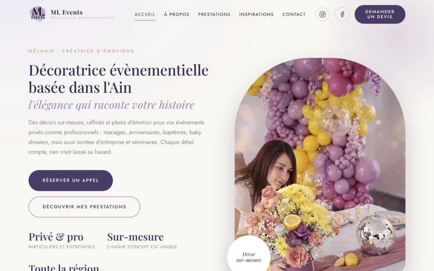 Aperçu du site internet de ML Events, décoratrice événementielle
